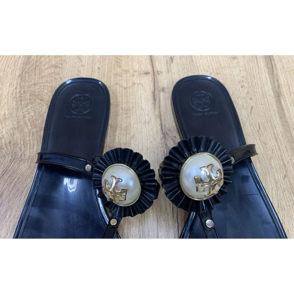 Tory Burch Jelly Thong Sandals Black Gold Logo Pearl Medallion Women's Size 9